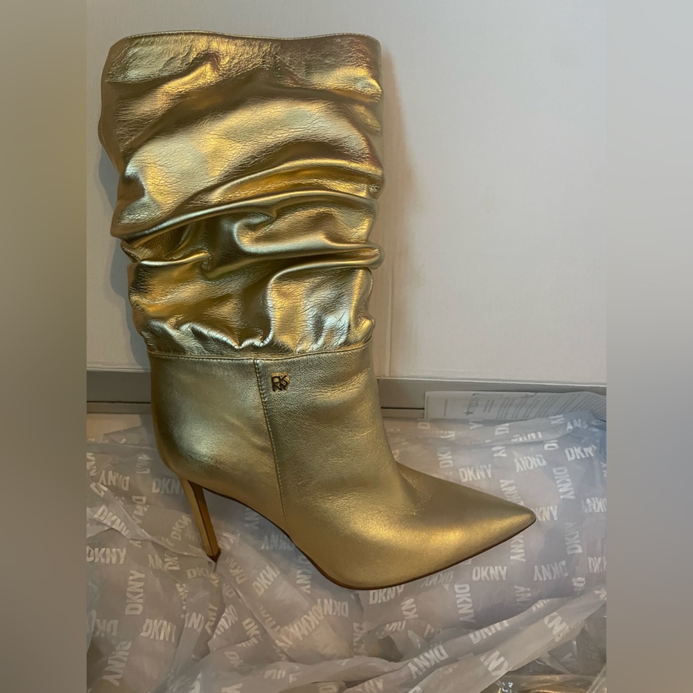 DKNY Maliza Leather Gold Slouch Pointed Toe Mid Boots - Picture 6 of 6